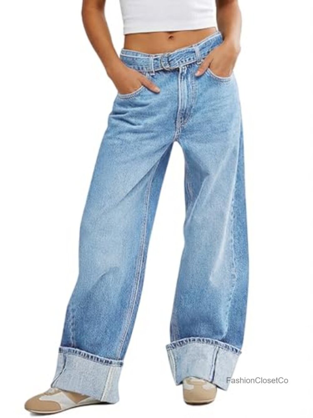 High Waisted Wide Leg Cuffed Jeans Baggy Denim Pants